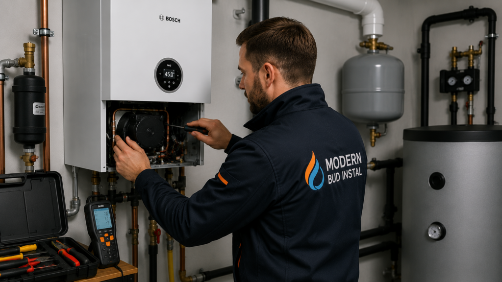 Nowoczesny kocioł gazowy Bosch zamontowany w kotłowni
