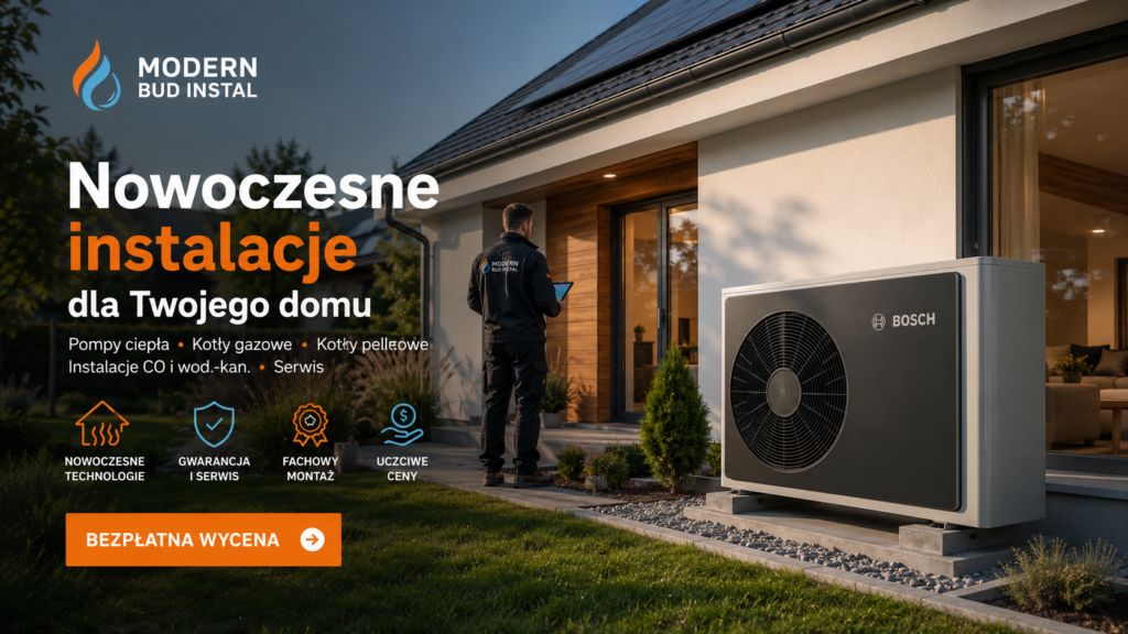 Nowoczesny dom jednorodzinny ogrzewany pompą ciepła zamontowaną przez Modern Bud Instal.