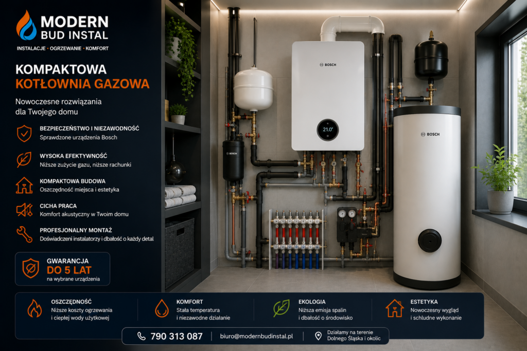 Kompaktowa kotłownia gazowa wykonana przez Modern Bud Instal.