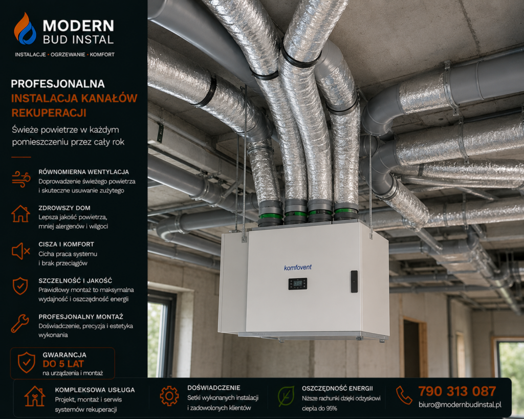 Instalacja kanałów wentylacyjnych systemu rekuperacji.