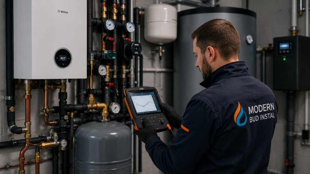 Technik wykonuje diagnostykę kotłowni