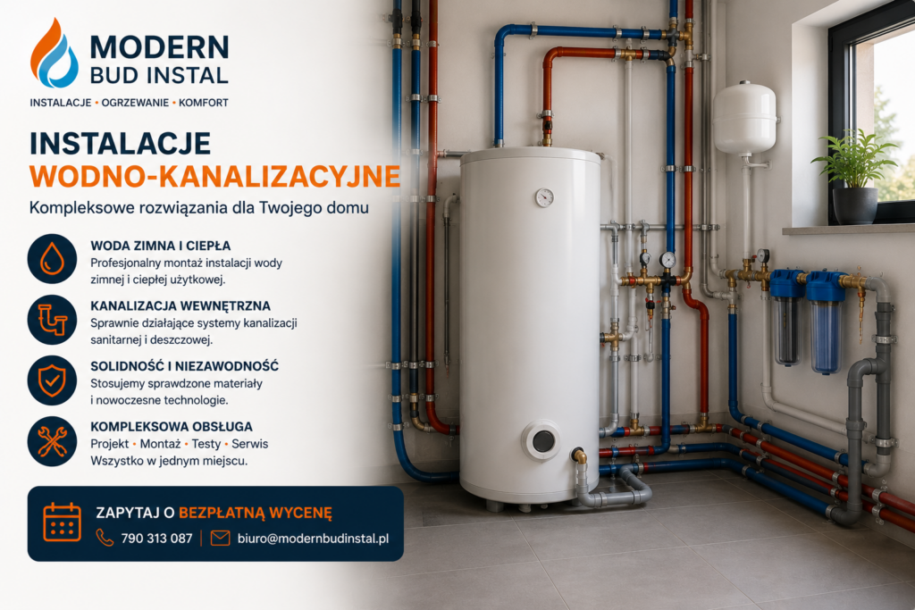 Nowoczesna instalacja wodno-kanalizacyjna z zasobnikiem ciepłej wody użytkowej, filtracją oraz instalacją z rur PP i PEX w domu jednorodzinnym